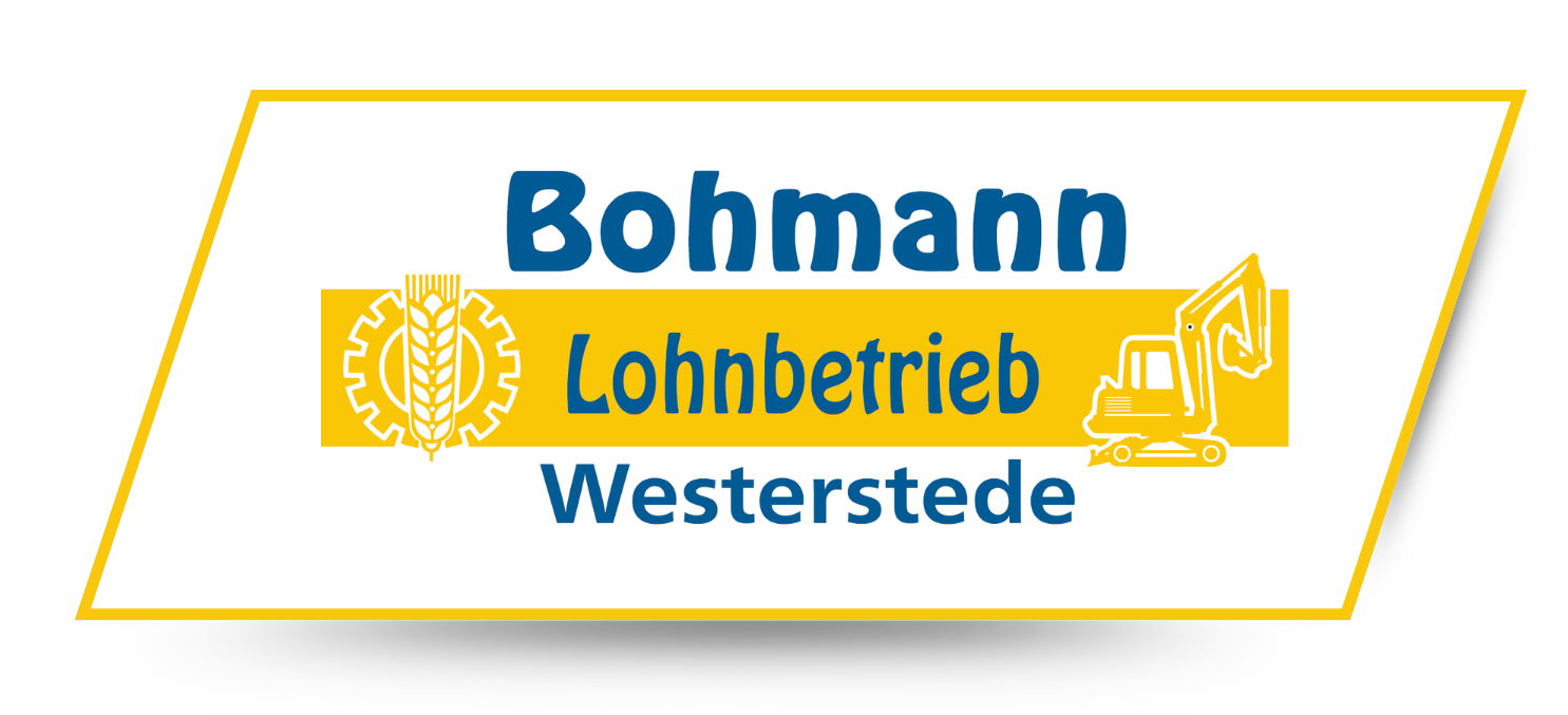 Logo des Lohnbetriebs Bohmann Westerstede mit Zahnradsymbol, Ähre, Bagger und Firmenname in Blau-Gelb.